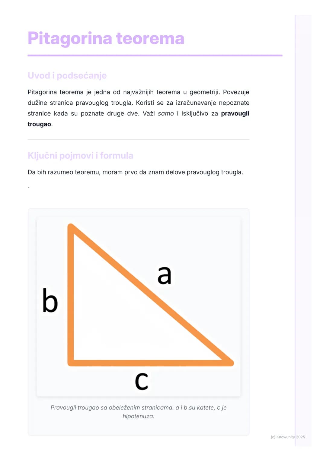 # Pitagorina teorema
Uvod i podsećanje
Pitagorina teorema je jedna od najvažnijih teorema u geometriji. Povezuje
dužine stranica pravouglo