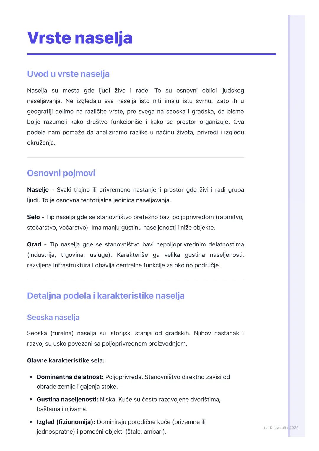 # Vrste naselja
Uvod u vrste naselja
Naselja su mesta gde ljudi žive i rade. To su osnovni oblici ljudskog
naseljavanja. Ne izgledaju sva