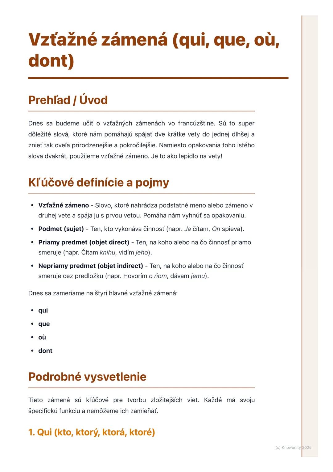 # Vzťažné zámená (qui, que, où,
dont)
Prehľad / Úvod
Dnes sa budeme učiť o vzťažných zámenách vo francúzštine. Sú to super
dôležité slová,