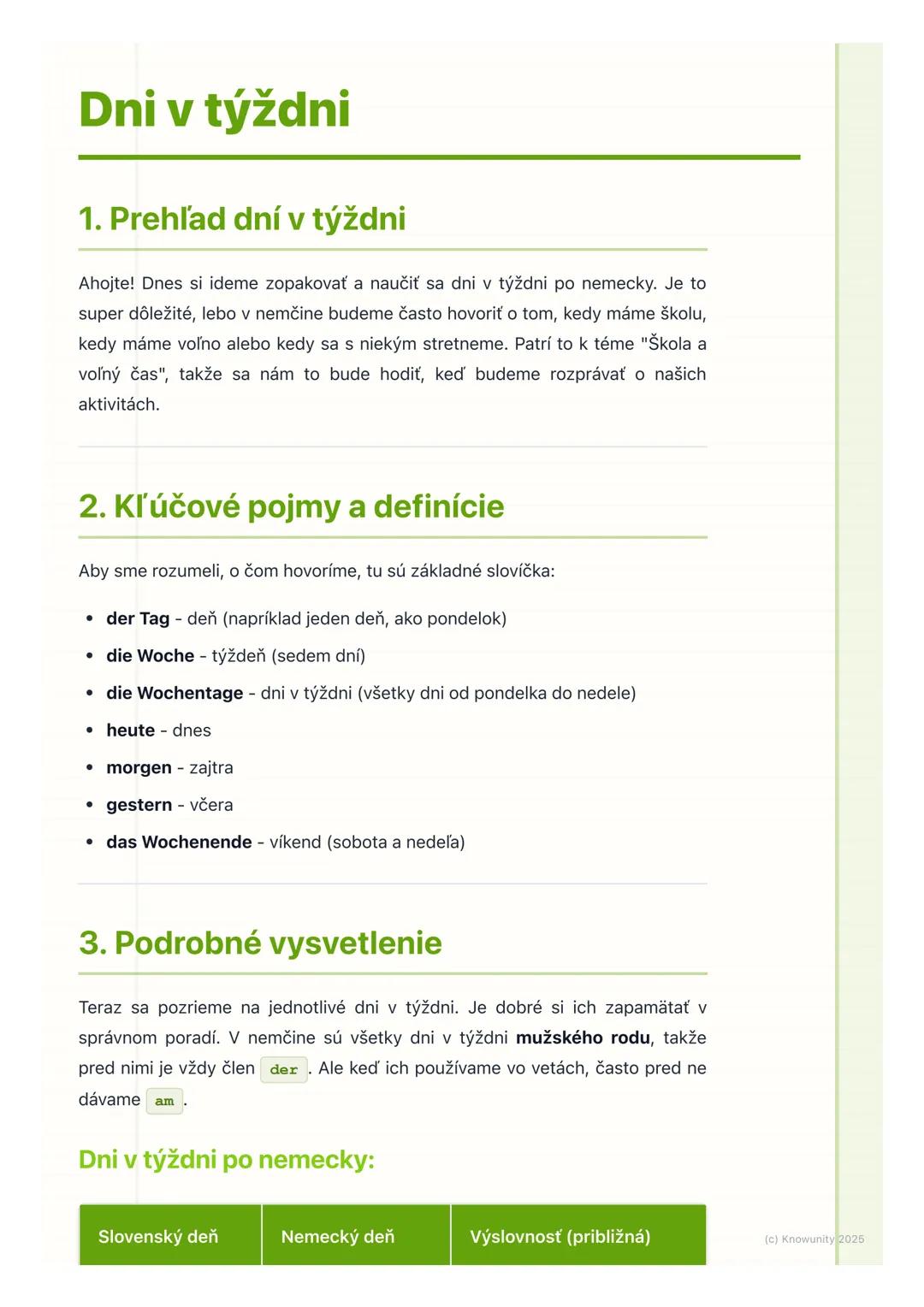 # Dni v týždni
1. Prehľad dní v týždni
Ahojte! Dnes si ideme zopakovať a naučiť sa dni v týždni po nemecky. Je to
super dôležité, lebo v n