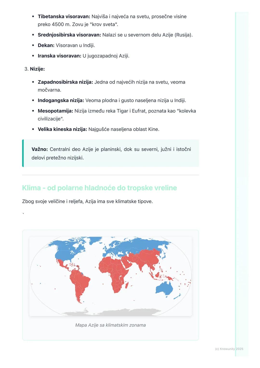 # Prirodne odlike Azije (reljef,
klima, hidrografija, biljni i
životinjski svet)
Prirodne odlike Azije - opšti pregled
Azija je najveći i