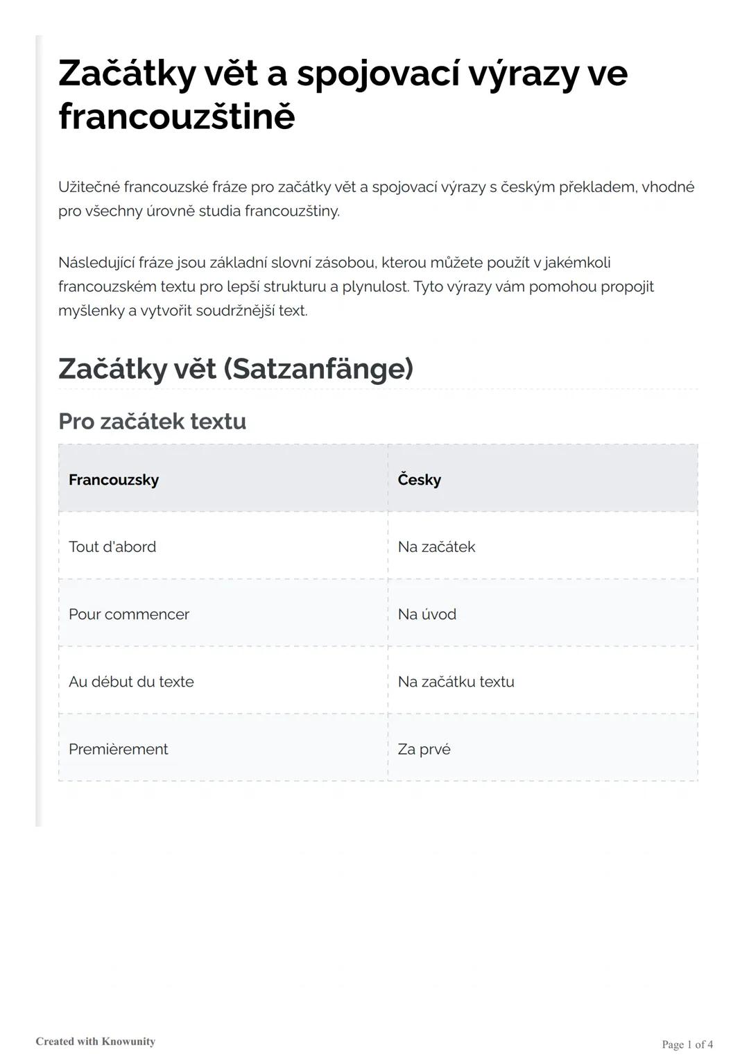 Začátky vět a spojovací výrazy ve francouzštině