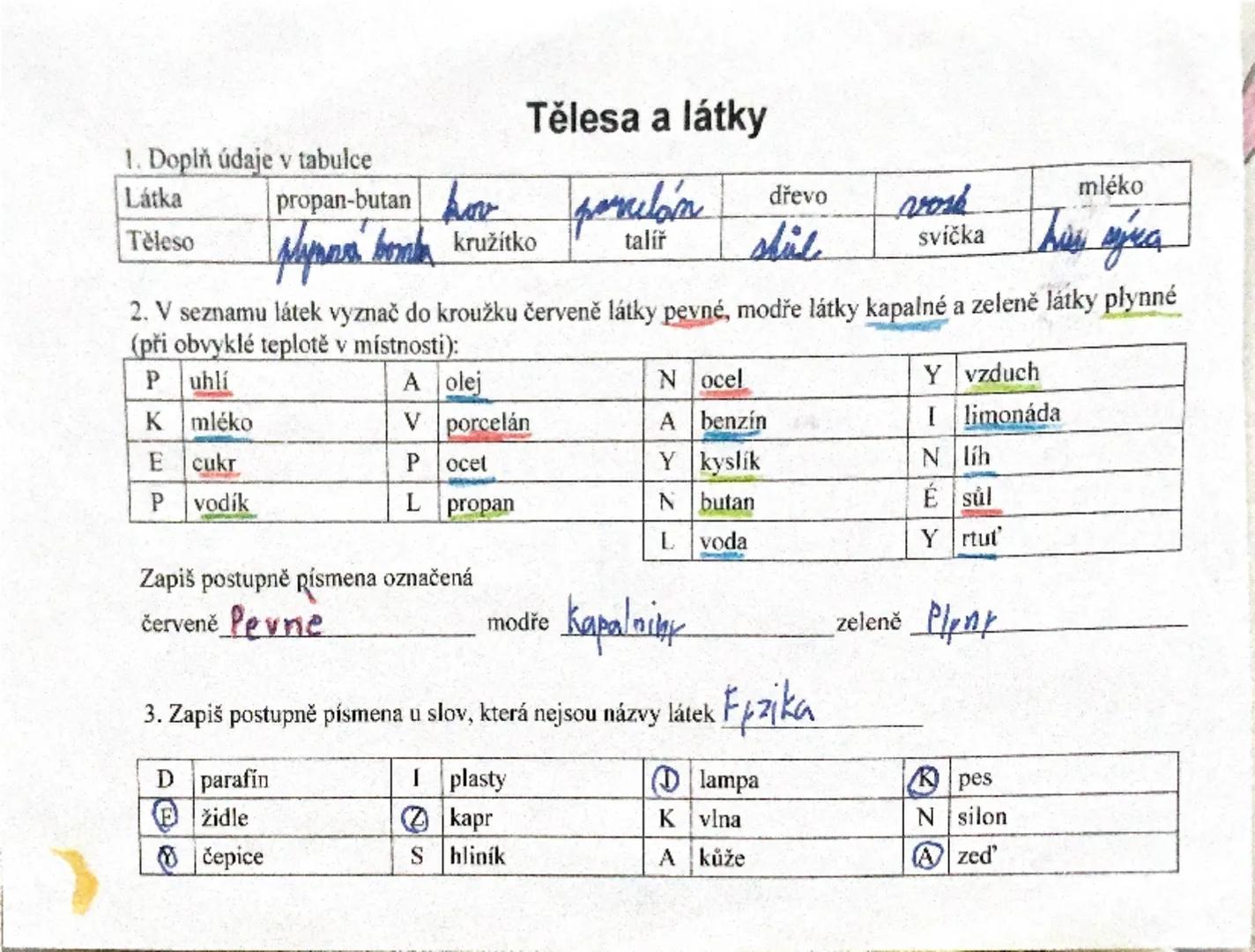 1. Doplň údaje v tabulce
Látka
Těleso
Tělesa a látky
propan-butan
dřevo
mléko
ho
porcelán
talíř
vosk
svíčka
This sjúka
kružítko
2. V seznamu