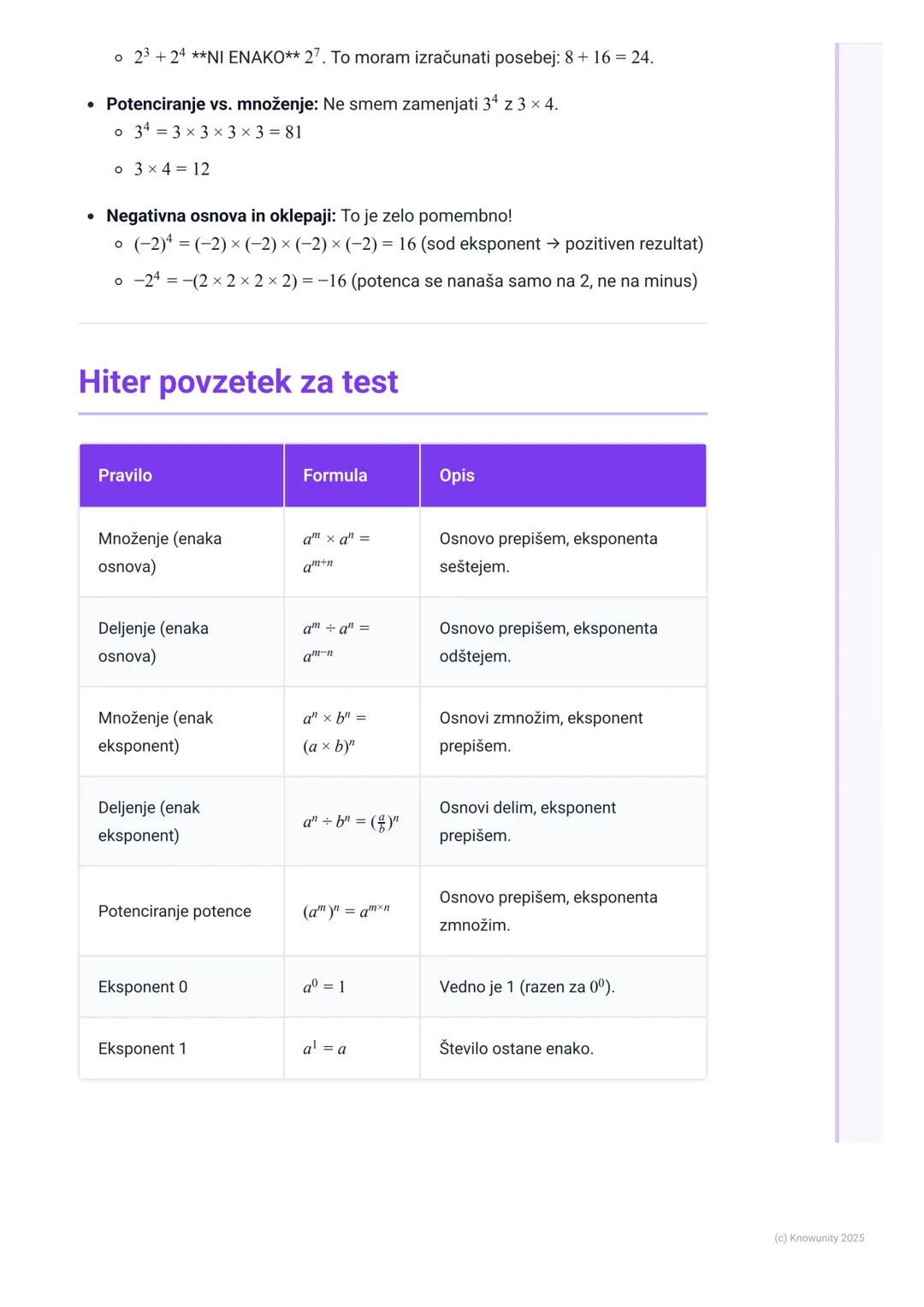 # Potence
## Kaj so potence?
Potence so v bistvu samo krajši način za zapis množenja istega števila večkrat
zapored. Namesto da pišemo 2×2