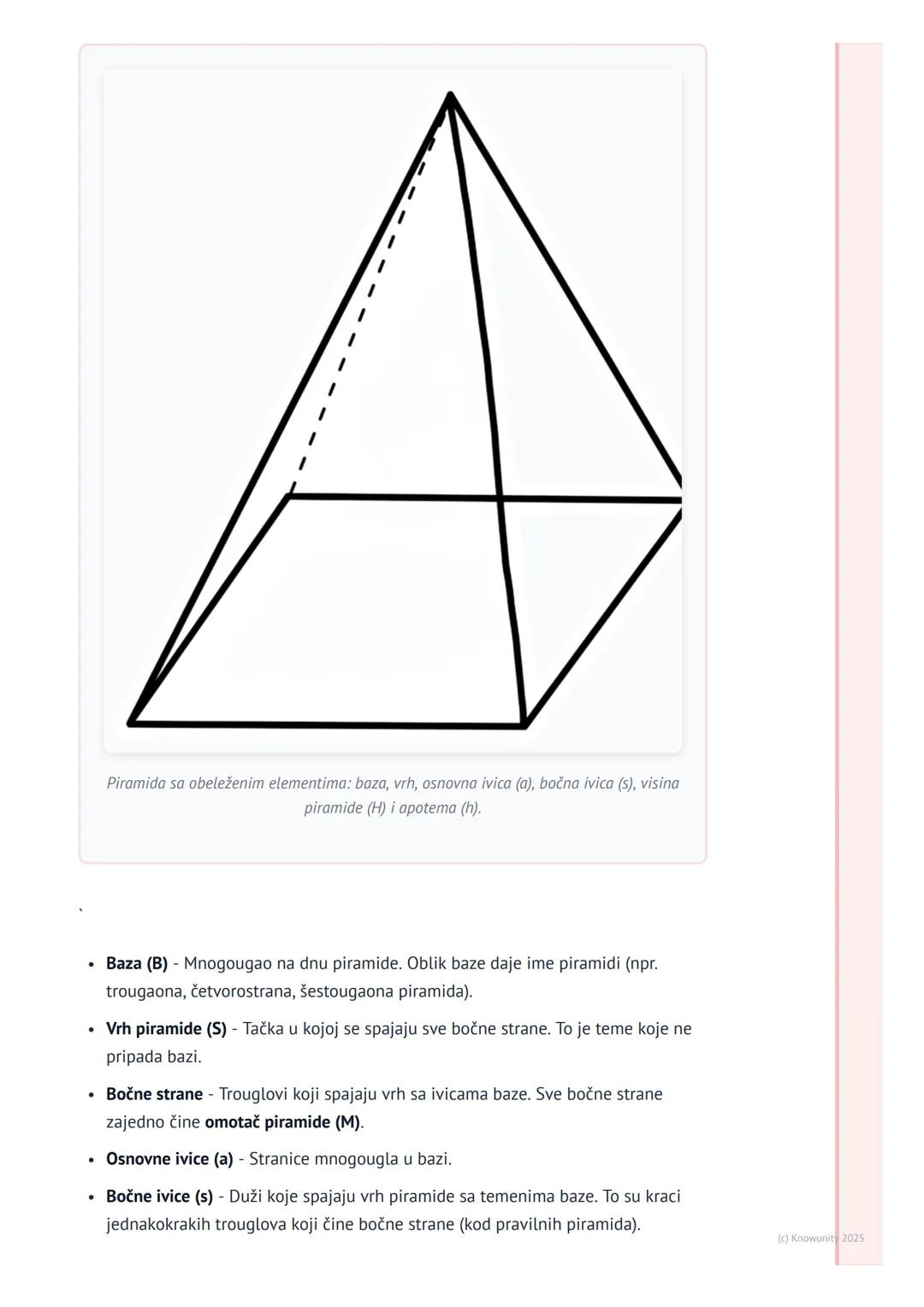 # Piramida
Šta je piramida?
Piramida je geometrijsko telo, tj. poliedar, ograničen jednim mnogouglom (koji se
zove baza ili osnova) i trou