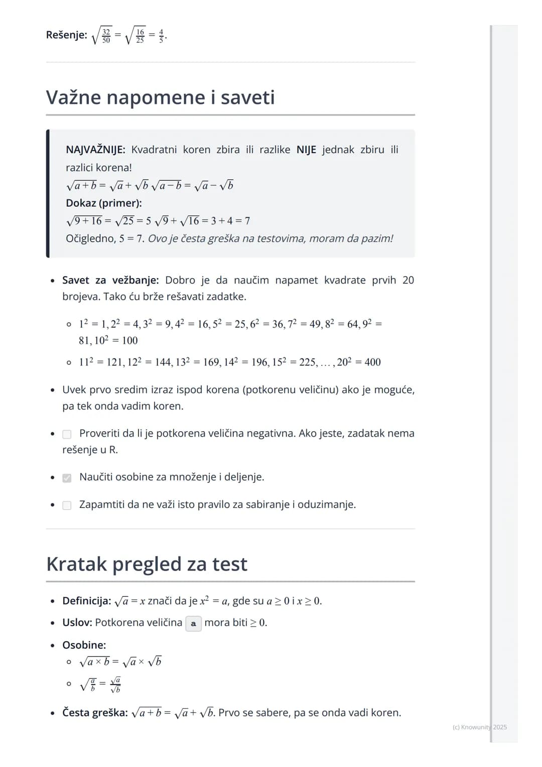 # Pojam i osobine kvadratnog
korena
Uvod u kvadratni koren
Kvadratni koren je matematička operacija suprotna (inverzna) operaciji
kvadrira