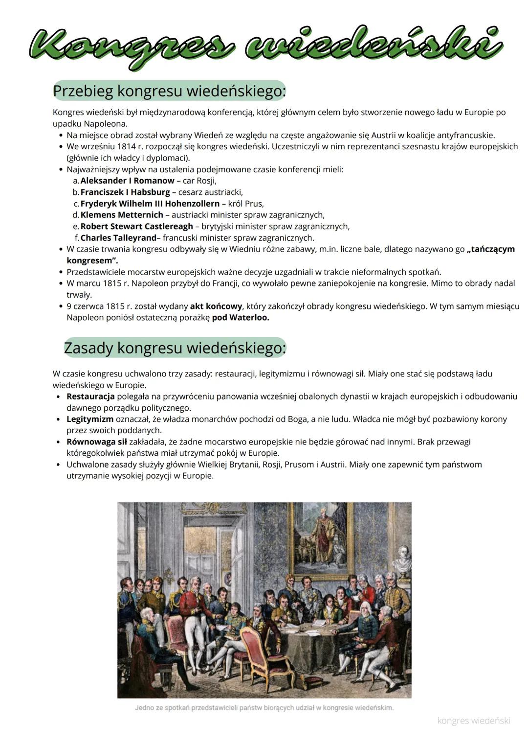 # Kongres wiedeński
## Przebieg kongresu wiedeńskiego:
Kongres wiedeński był międzynarodową konferencją, której głównym celem było stworze