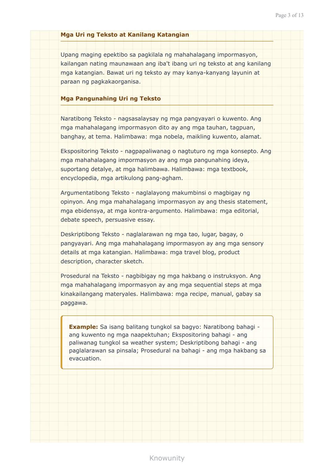 --- OCR Start ---
Pag-unawa at Pagsusuri ng Iba't Ibang Teksto
Pagkilala ng mahahalagang impormasyon at detalye
sa iba't ibang uri ng teksto