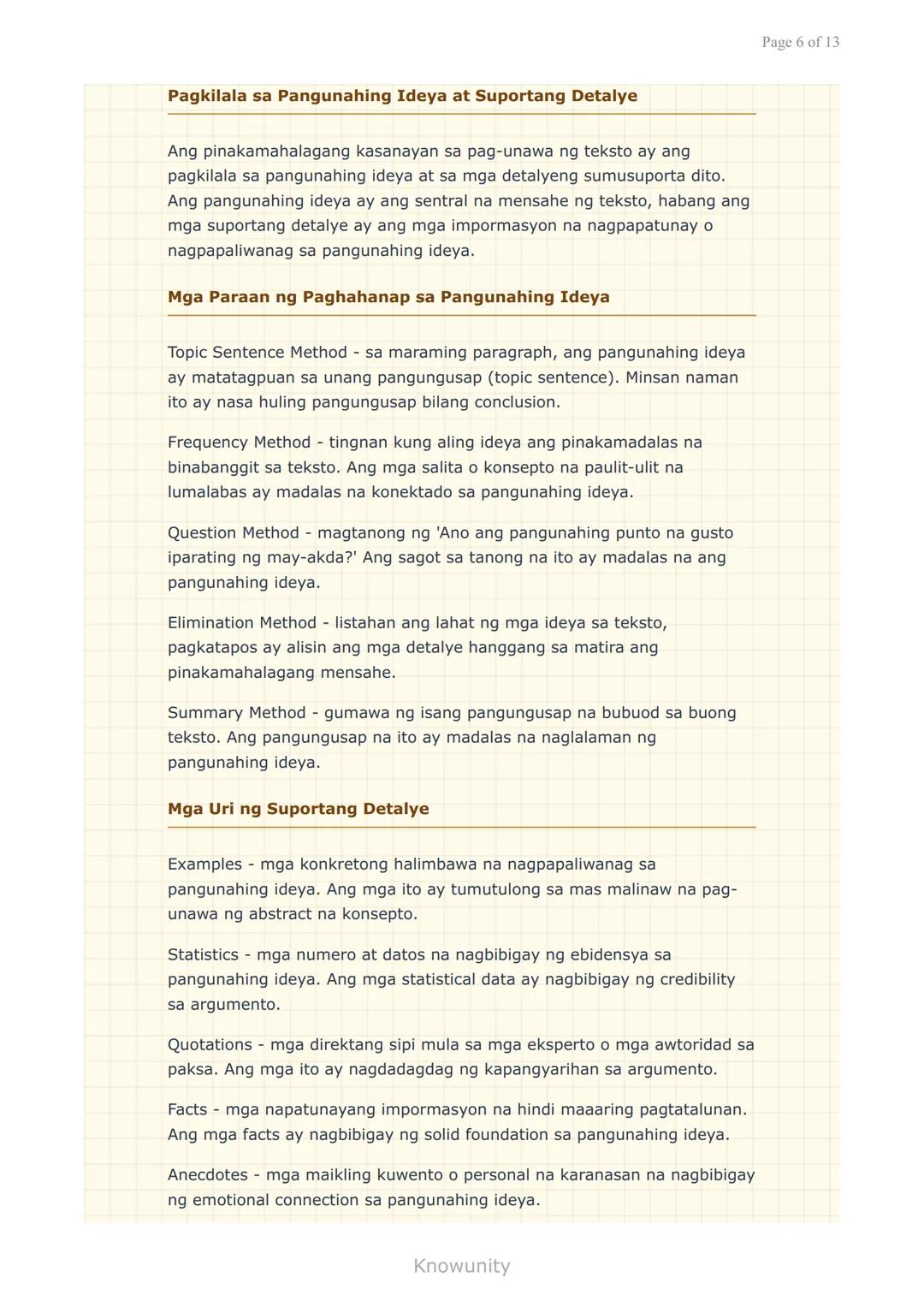 --- OCR Start ---
Pag-unawa at Pagsusuri ng Iba't Ibang Teksto
Pagkilala ng mahahalagang impormasyon at detalye
sa iba't ibang uri ng teksto