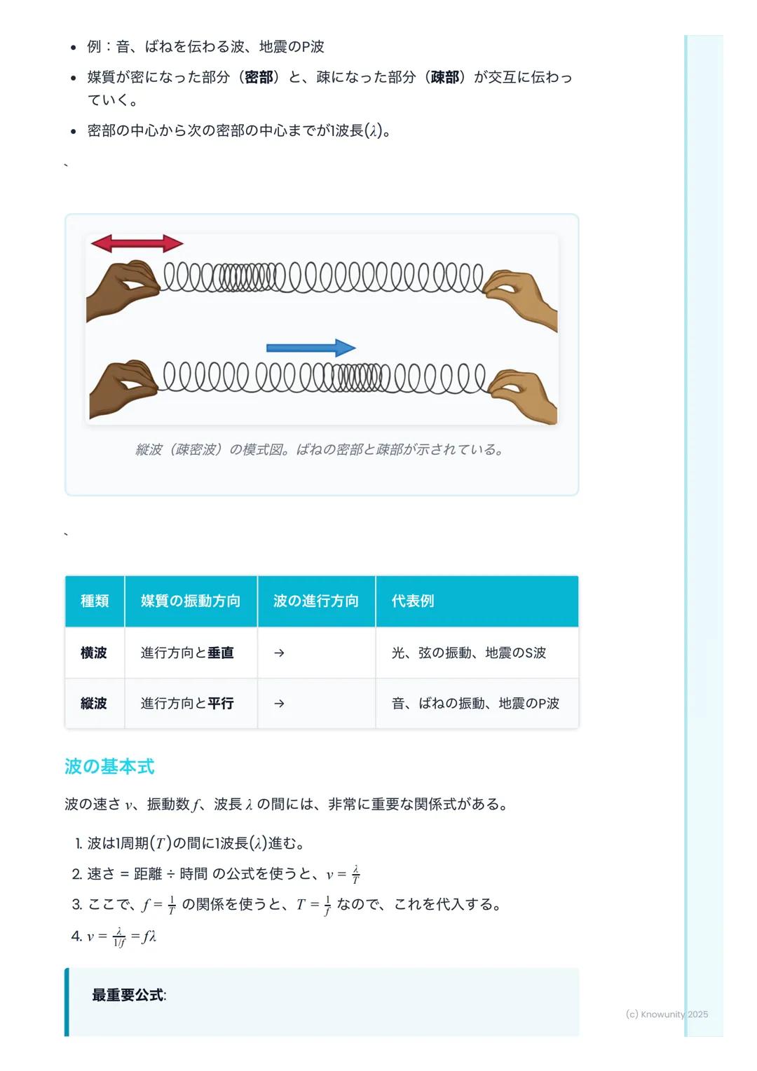 # 波の性質
波の性質の概要
波は、エネルギーをある場所から別の場所へ運ぶ現象。媒質そのものが移動する
わけではないのがポイント。例えば、海の波は水が上下に動くだけで、水自体が
岸まで移動してくるわけじゃない。音や光、地震の波もすべて波の一種。この単
元では、波を記述するため