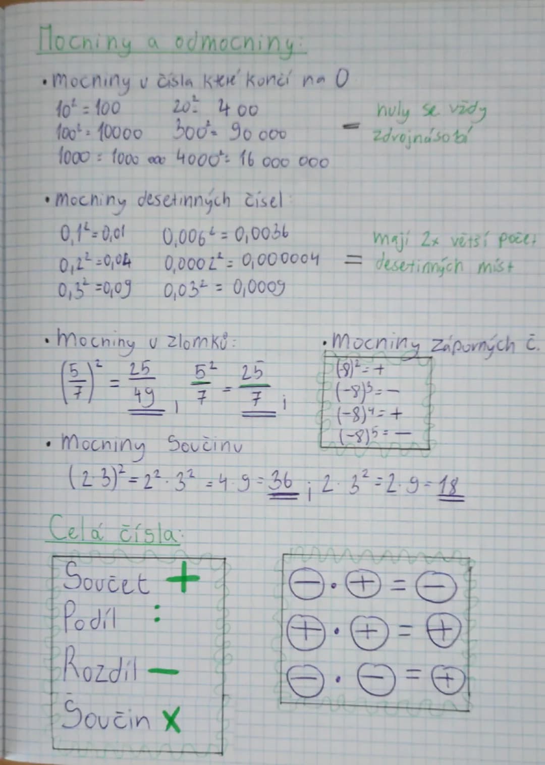 # Celá čísla, zlomky
# mocniny a odmocning
- Soucet +
- Rozdíl -
- Podil :
- Soucin X
$(-2)^2 = 4$
$-2^2 = -4$
## Pravidla $a^n$:
| a |