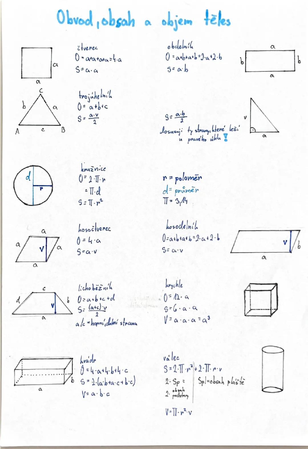 # Obvod, obsah a objem těles
## čtverec
$O = a + a + a + a = 4 \cdot a$
$S = a \cdot a$
## obdélník
$O = a + b + a + b = 2 \cdot a + 2 \cd