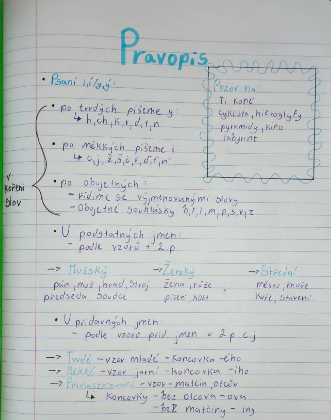 # Pravopis
- Psaní í/ý/ý:
- po tvrdých píšeme y:
  ↳ h, ch, k, r, d, t, n
- po měkkých píšeme i
  ↳ c, j, ž, š, č, ď, ť, ň
- po obojetných: