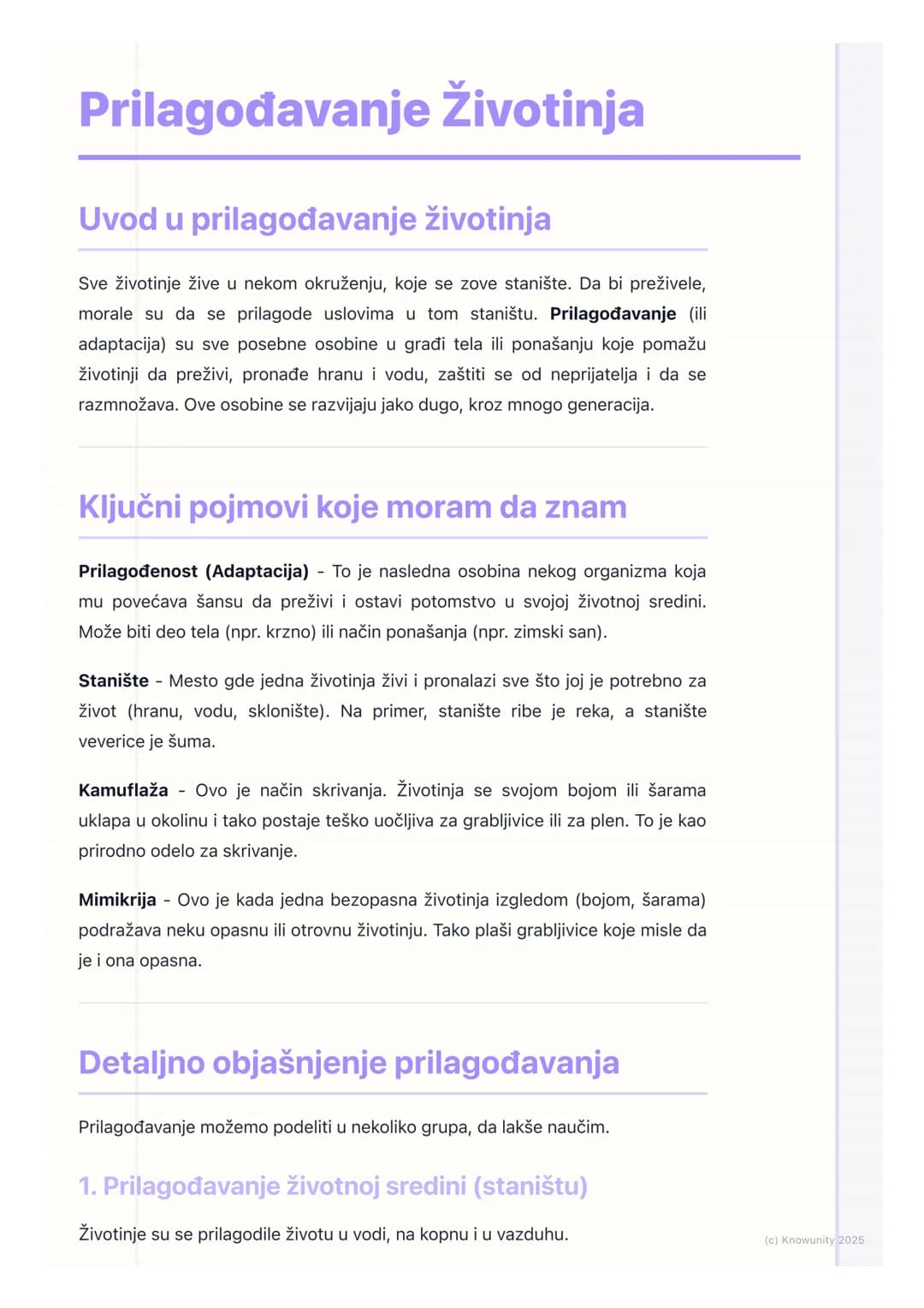 # Prilagođavanje Životinja
Uvod u prilagođavanje životinja
Sve životinje žive u nekom okruženju, koje se zove stanište. Da bi preživele,
m