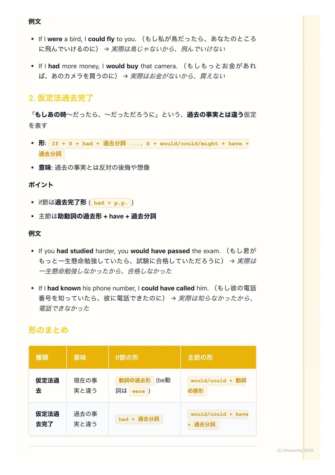 # 仮定法
仮定法について
「もし~だったら、~するのになあ」みたいに、現実とは違うことを想像して話
すときに使う表現普通のif文 (もし明日晴れたら、...) とは違うから注意が必要
ポイントは、現実との「距離感」を出すために、わざと時間を過去にずらすこと
仮定法の基本ル