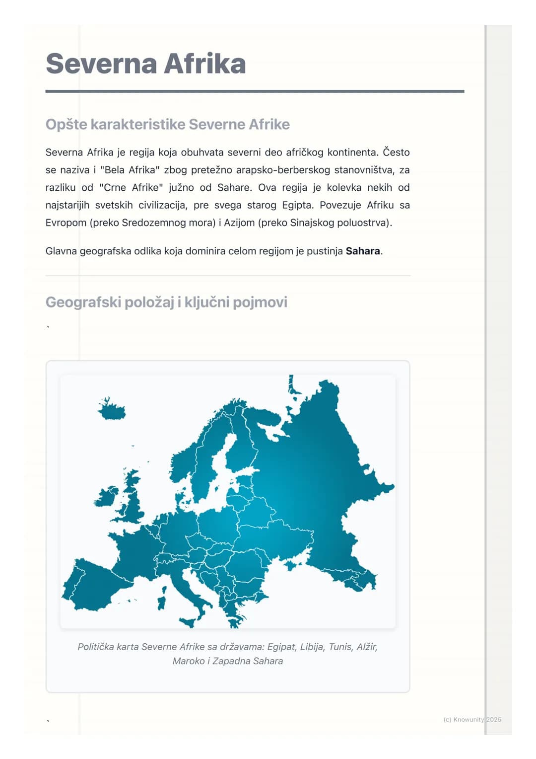 # Severna Afrika
## Opšte karakteristike Severne Afrike
Severna Afrika je regija koja obuhvata severni deo afričkog kontinenta. Često
se n