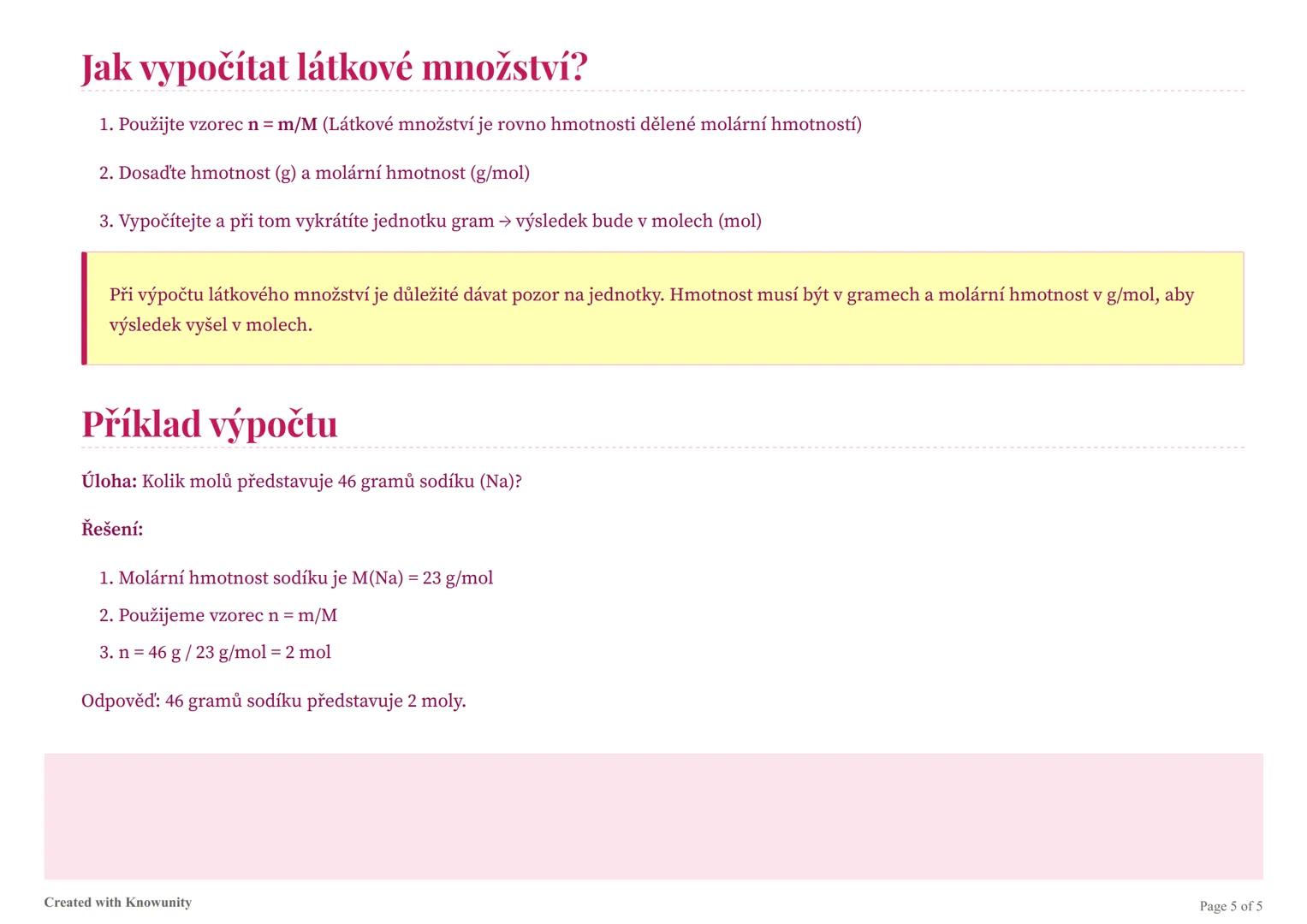 Molární hmotnost, látková porce a látkové množství
Důležité vzorce a vysvětlení týkající se molární hmotnosti a látkového množství v chemii.