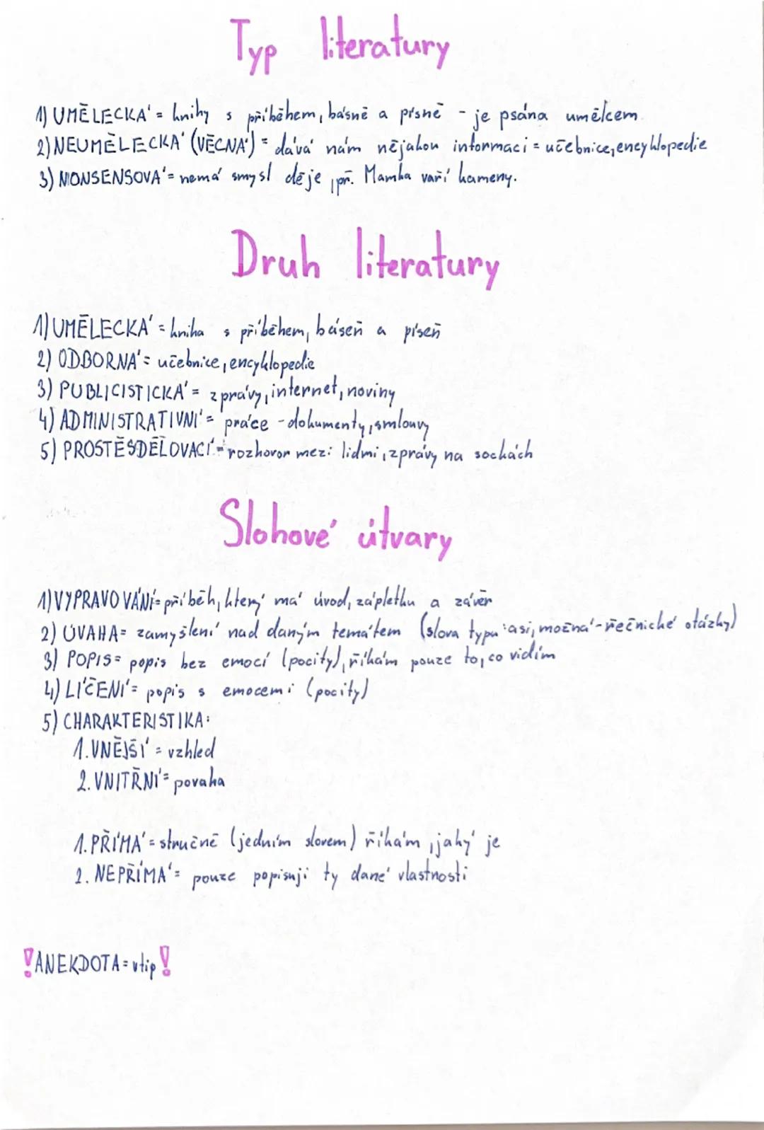 Typy a druhy literatury, slohové útvary