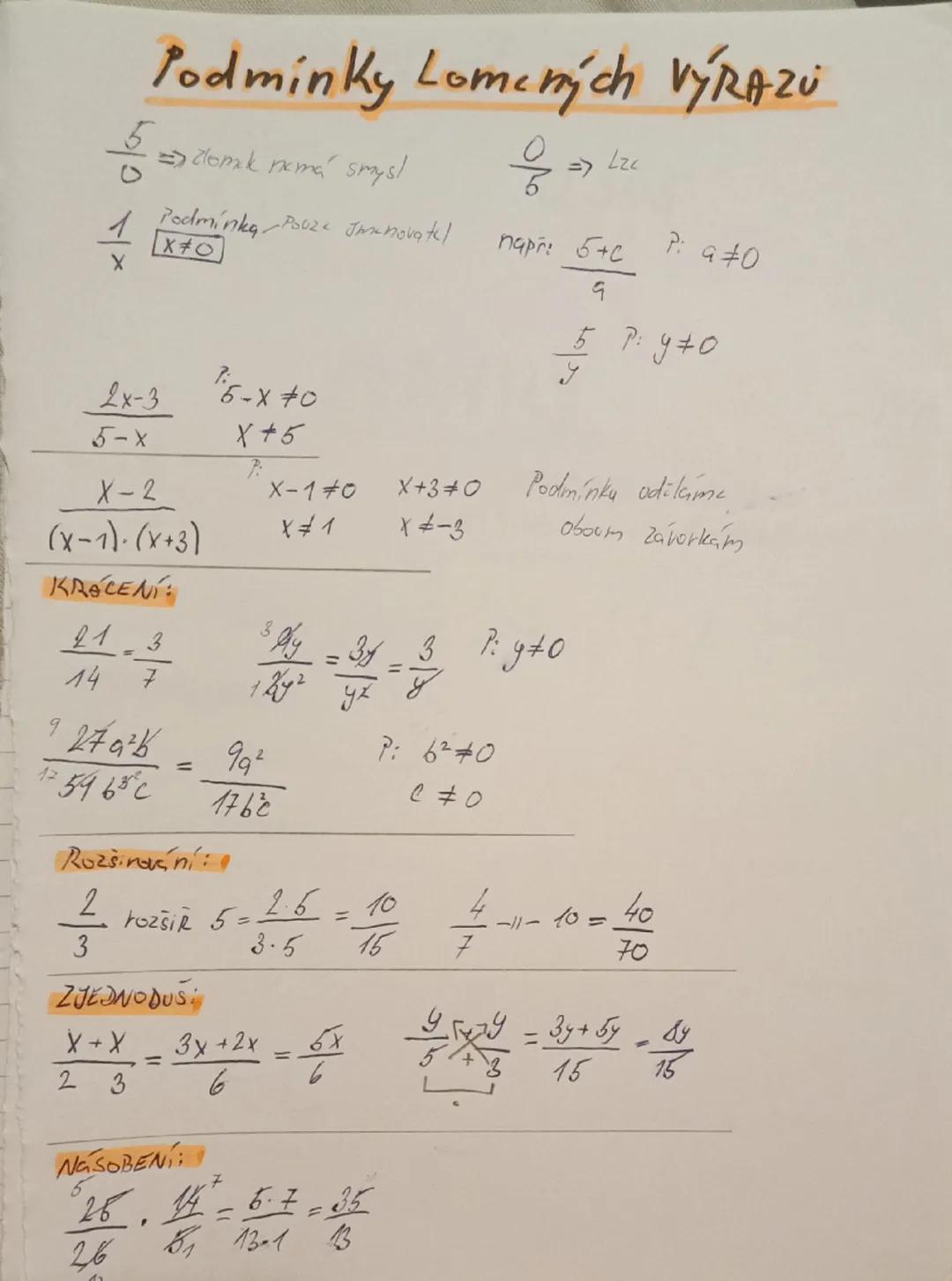 # Podmínky Lomerných VÝRAZU
$
\frac{5}{0} => clomak nemá smysl
$
$
\frac{0}{5} => lze
$
$
\frac{1}{x}
$
Podmínky Pouze Jomanovatel
$x≠0$
n