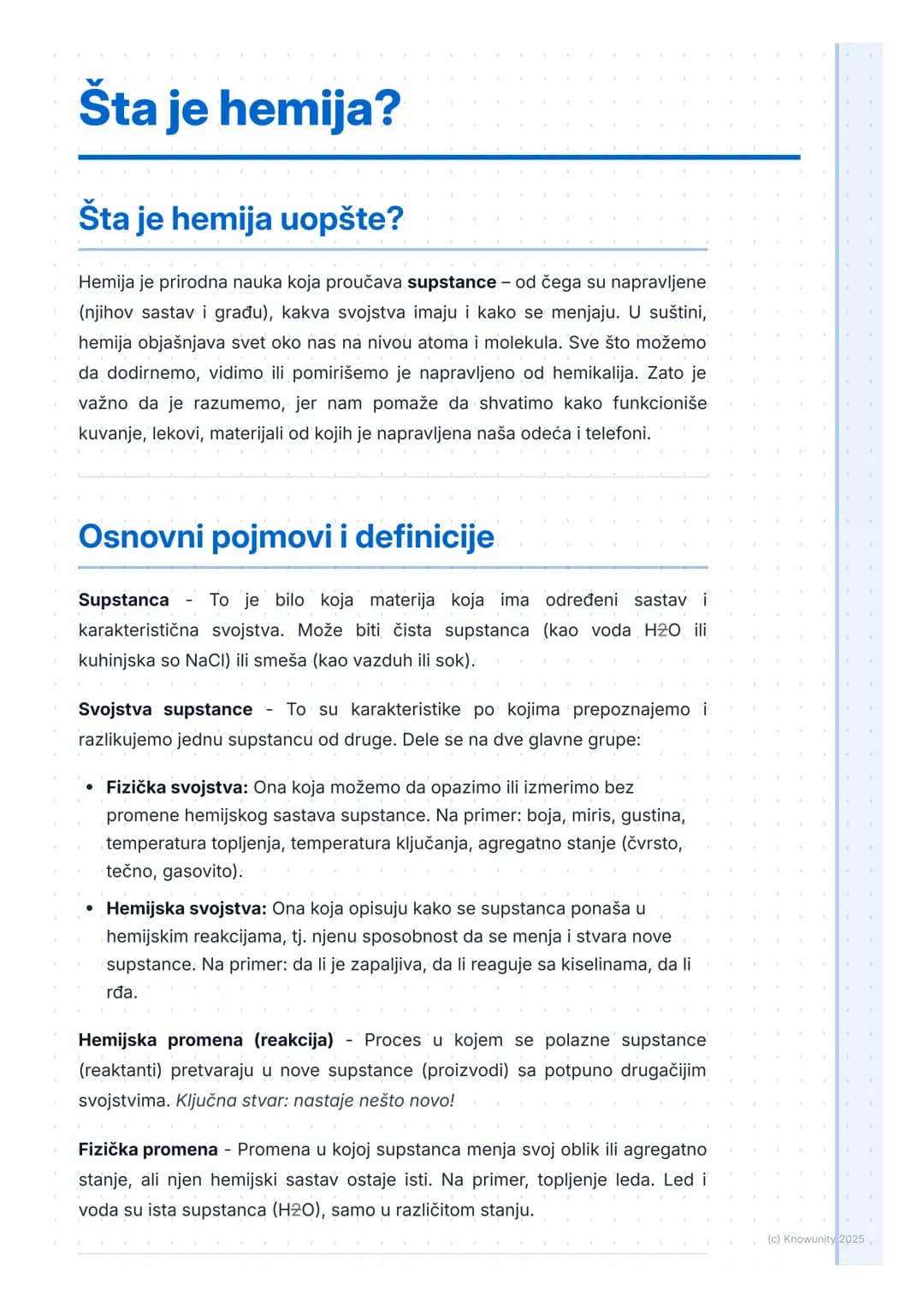 # Šta je hemija?
# Šta je hemija uopšte?
Hemija je prirodna nauka koja proučava supstance - od čega su napravljene
(njihov sastav i građu)