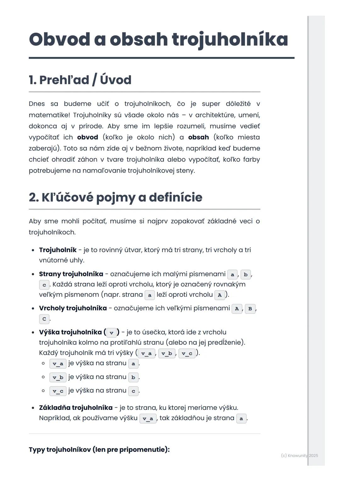 # Obvod a obsah trojuholníka
## 1. Prehľad / Úvod
Dnes sa budeme učiť o trojuholníkoch, čo je super dôležité v
matematike! Trojuholníky sú
