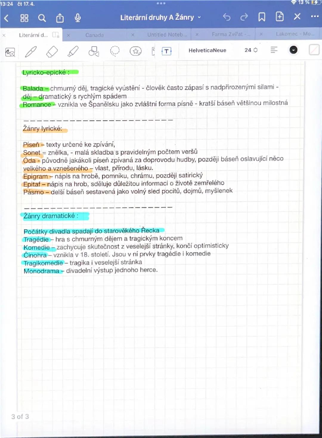 --- OCR Start ---
13:24 čt 17.4.
13%
<
Literární druhy A Žánry
X
Literární d...
Canada
Untitled Noteb...
Farma Zvířat
x
Lakomec-Mo...
20
☐
T