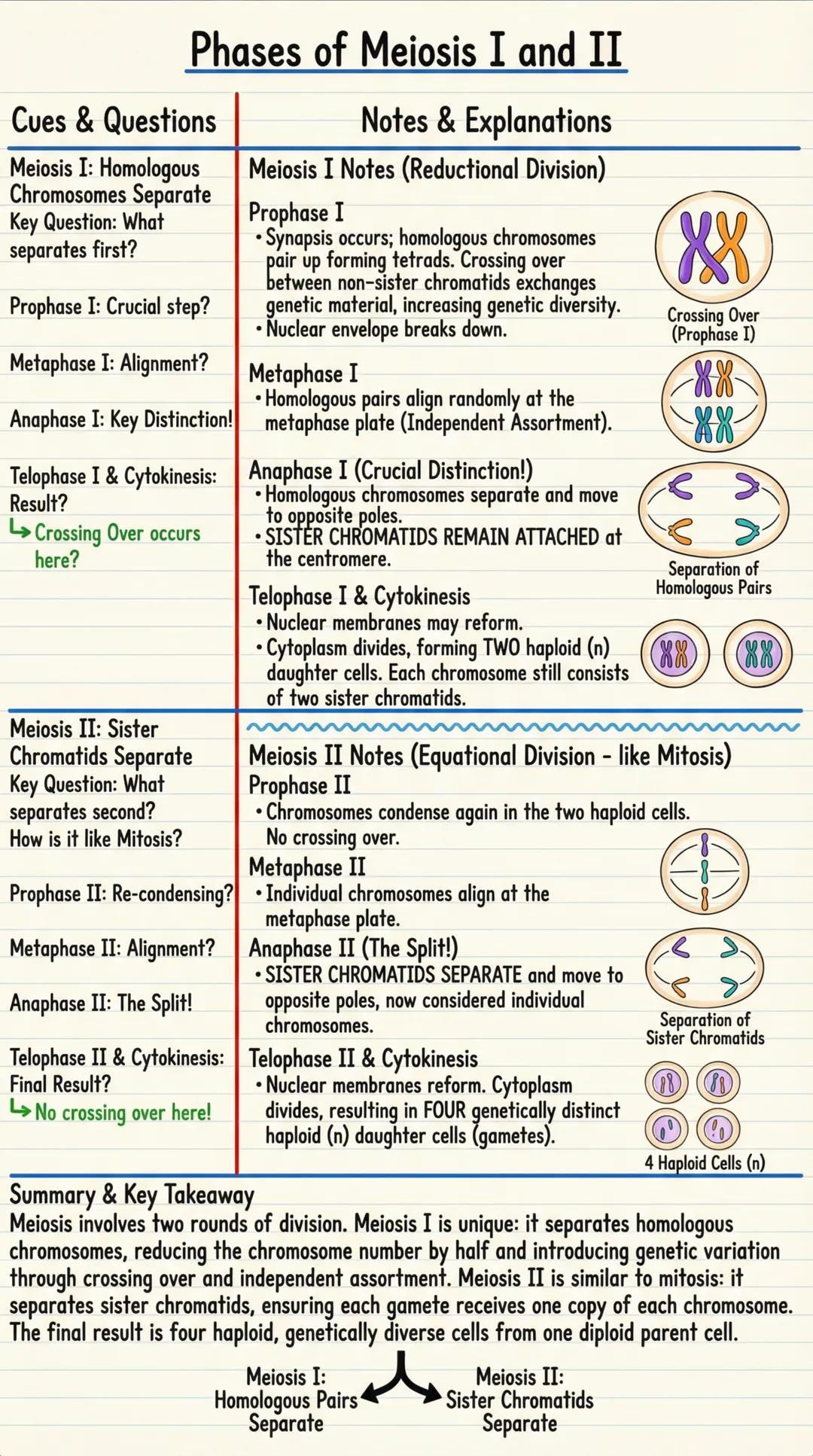 Phases of Meiosis I and II
| Cues & Questions | Notes & Explanations |
|---|---|
| Meiosis I: Homologous | Meiosis I Notes (Reductional Div