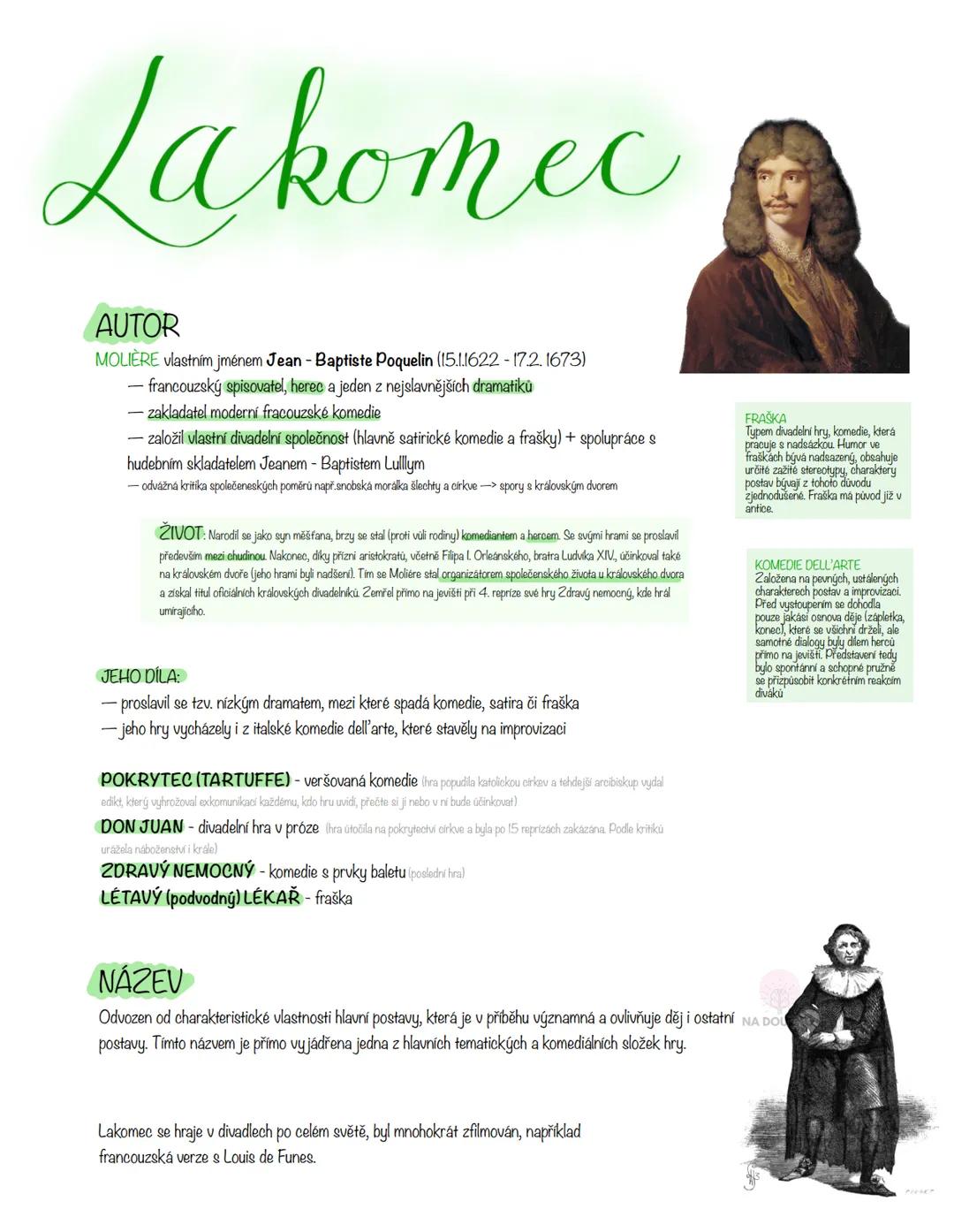 # Lakomec
AUTOR
MOLIÈRE vlastním jménem Jean-Baptiste Poquelin (15.1.1622-17.2.1673)
- francouzský spisovatel, herec a jeden z nejslavnější