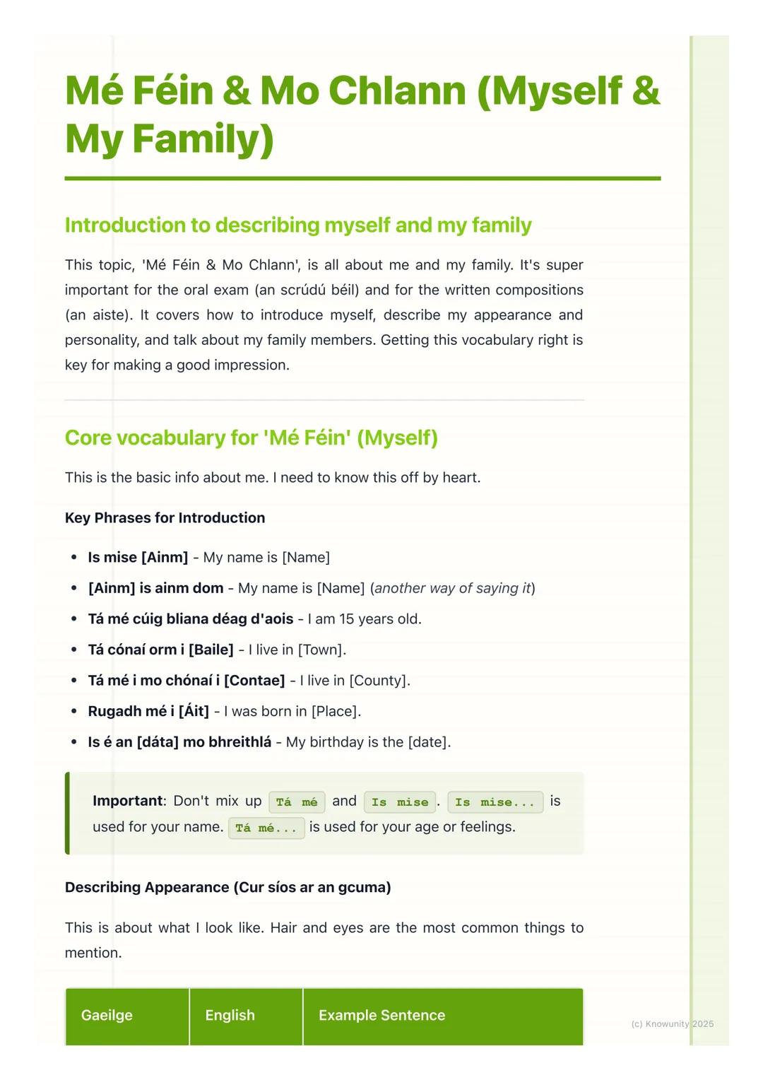 # Mé Féin & Mo Chlann (Myself &
My Family)
Introduction to describing myself and my family
This topic, 'Mé Féin & Mo Chlann', is all about