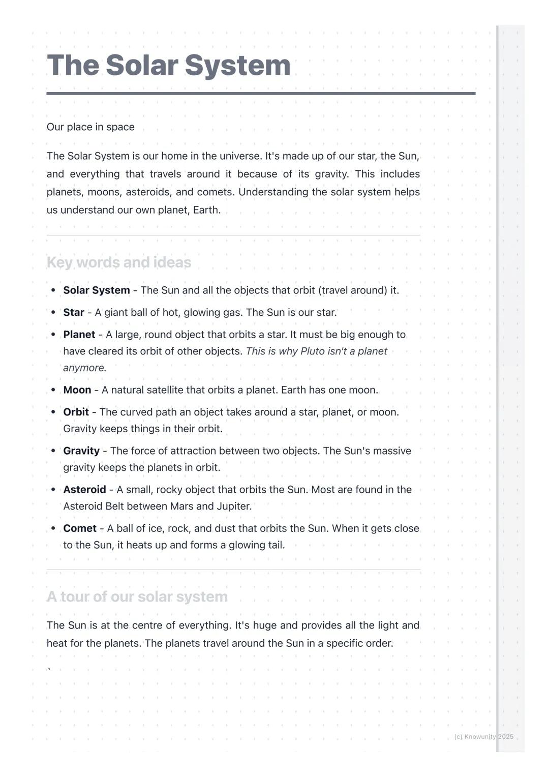 # The Solar System
Our place in space
The Solar System is our home in the universe. It's made up of our star, the Sun,
and everything that
