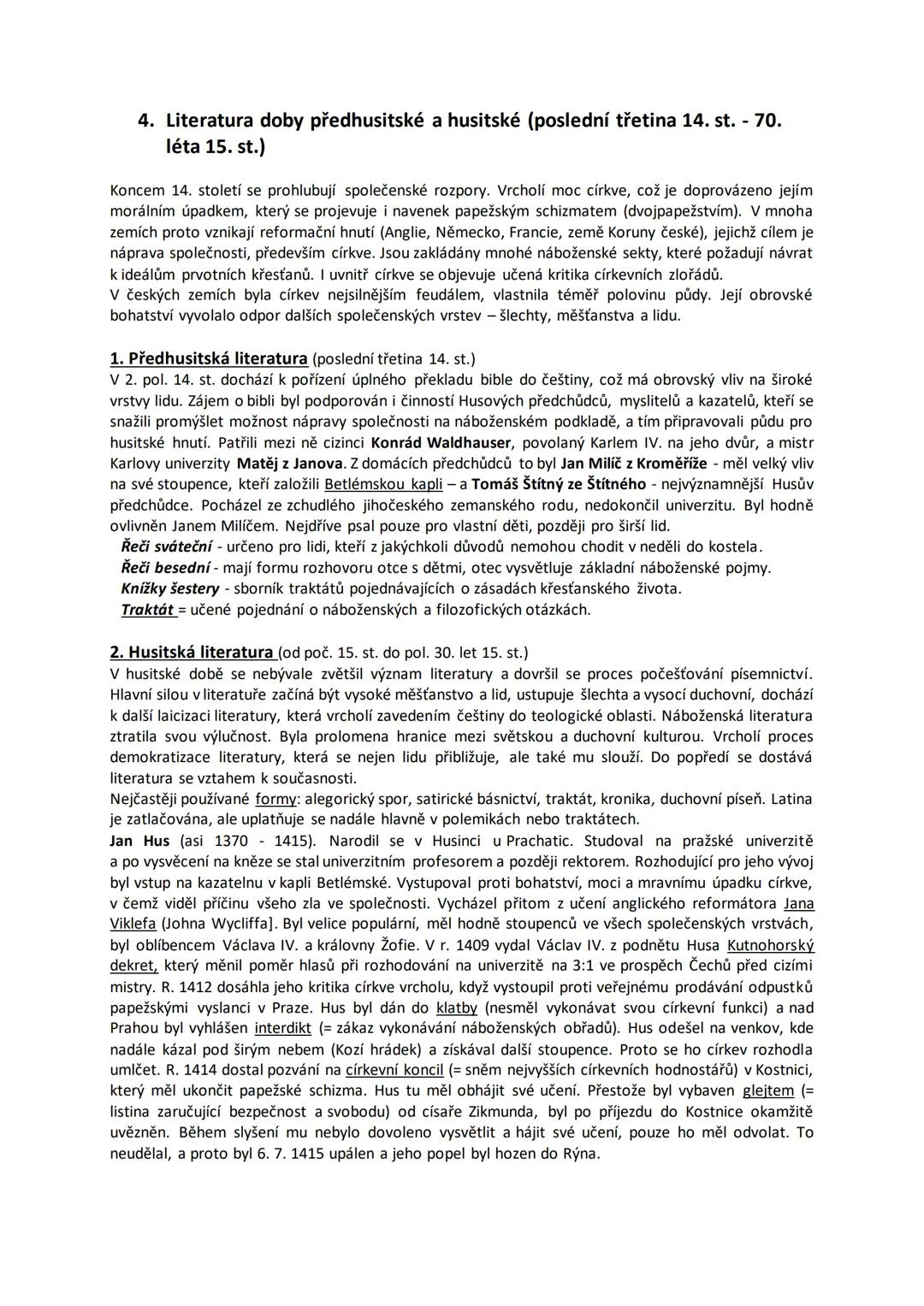 ## 2. Literatura období středověku
1. Nejstarší česká literatura (9. - pol. 13. st.)
Vznik písemnictví souvisel především s potřebami ducho