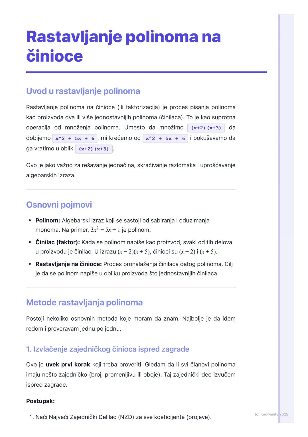 # Rastavljanje polinoma na
činioce
Uvod u rastavljanje polinoma
Rastavljanje polinoma na činioce (ili faktorizacija) je proces pisanja pol