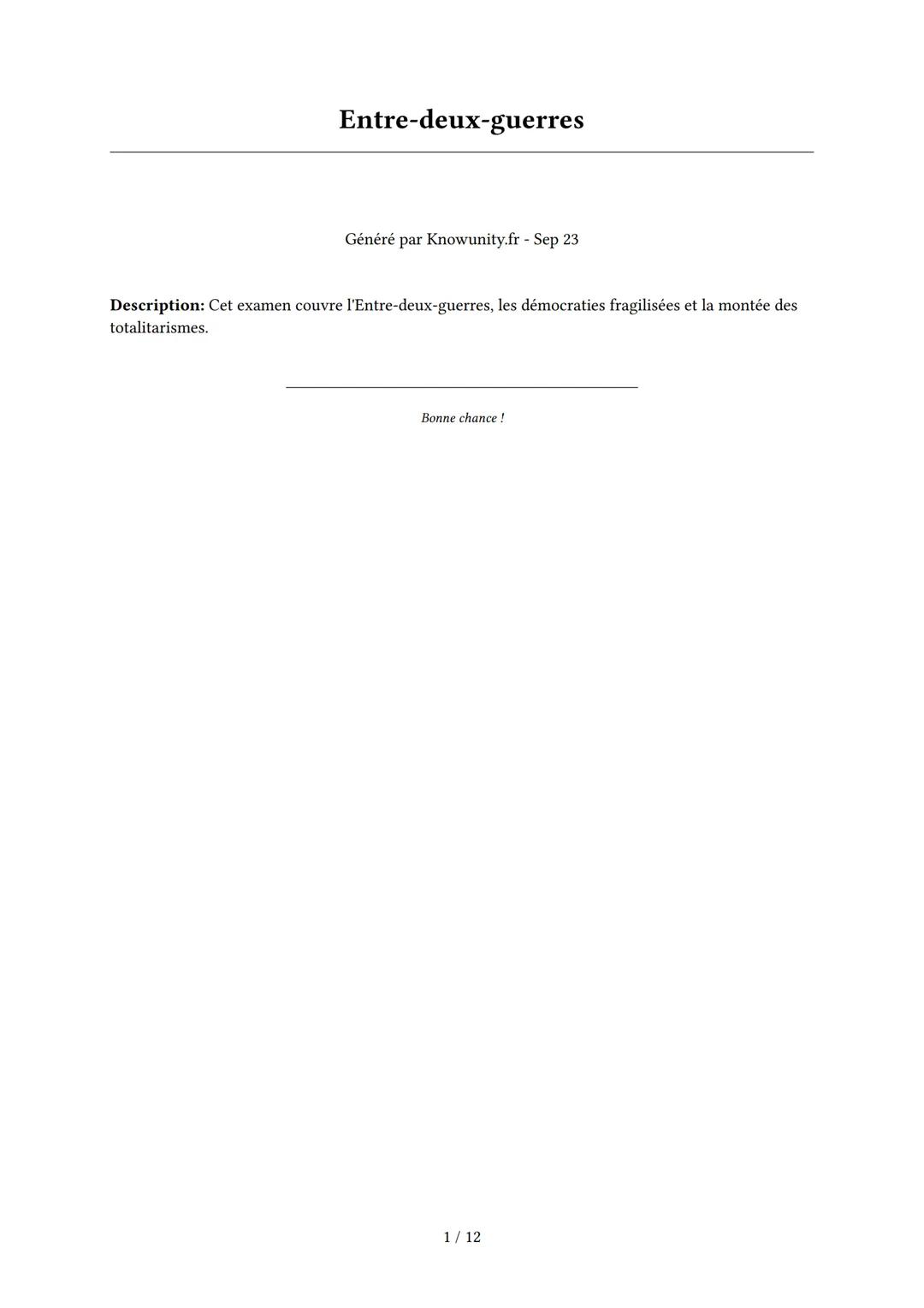 # Entre-deux-guerres
Généré par Knowunity.fr - Sep 23
Description: Cet examen couvre l'Entre-deux-guerres, les démocraties fragilisées et
